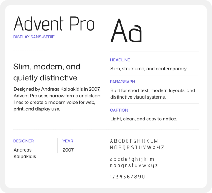 Letters in Advent Pro font.
